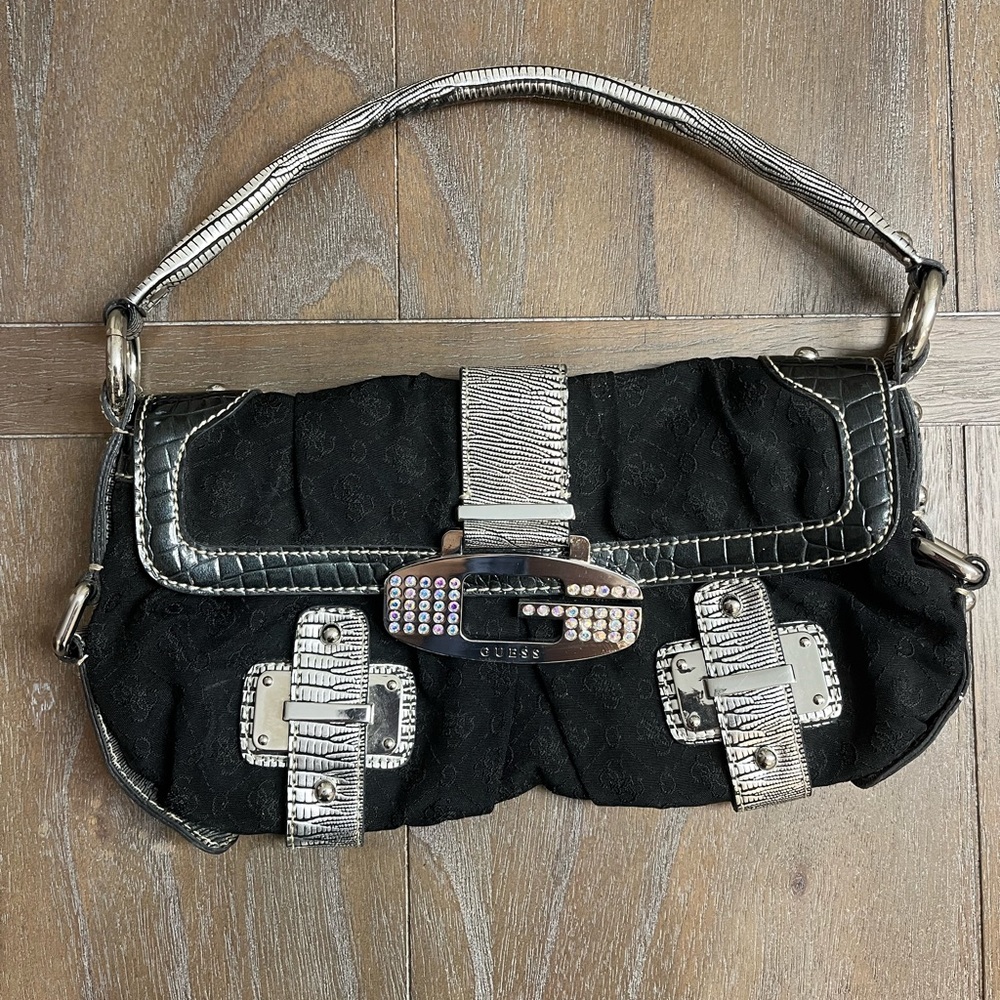 Vintage Guess Black and Silver Women's Bag